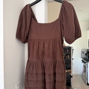 Brown Puff Sleeve Corduroy Dress